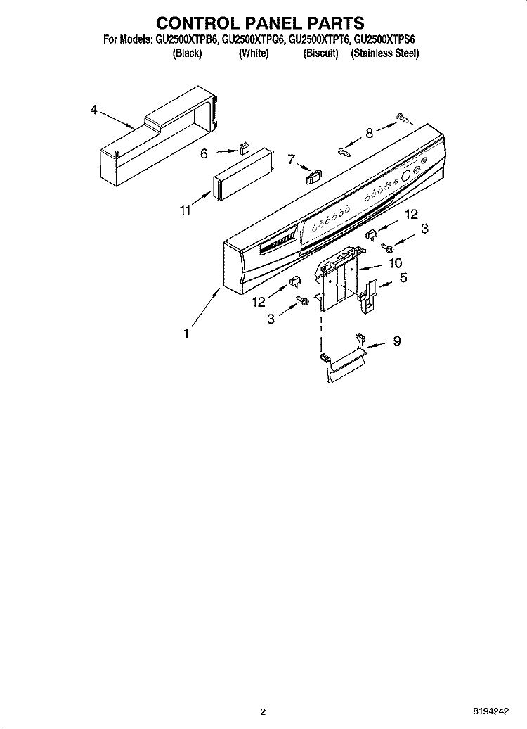 CONTROL PANEL PARTS Diagram and Parts List for GU2500XTPS6  Whirlpool Dishwasher