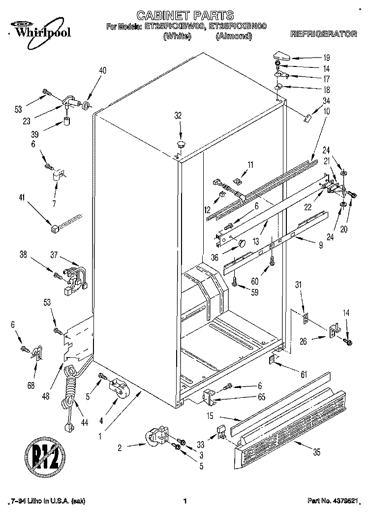 CABINET Diagram and Parts List for ET25PKXBW00  Whirlpool Refrigerator