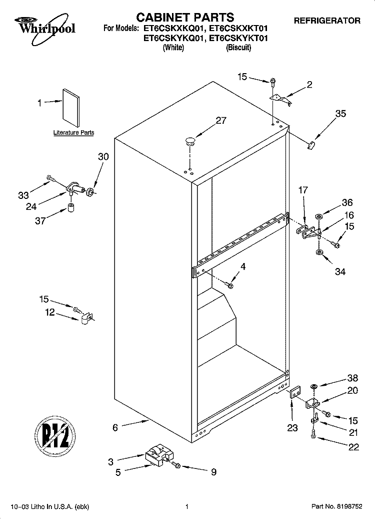CABINET PARTS Diagram and Parts List for ET6CSKXKT01  Whirlpool Refrigerator