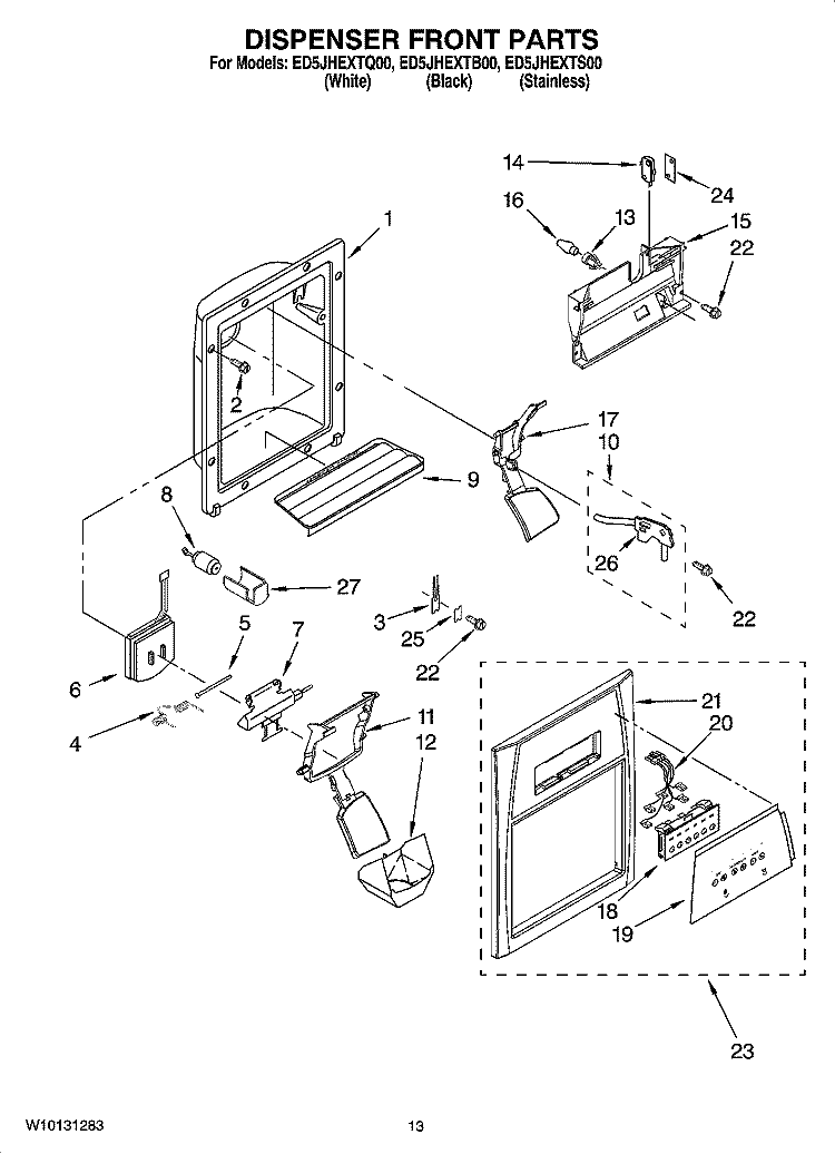 DISPENSER FRONT PARTS Diagram and Parts List for ED5JHEXTS00  Whirlpool Refrigerator