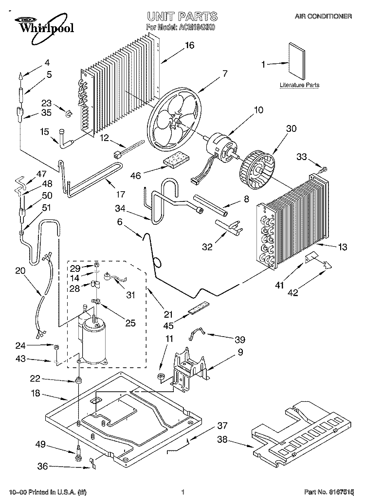 UNIT, LITERATURE Diagram and Parts List for ACM184XK0  Whirlpool Air Conditioner