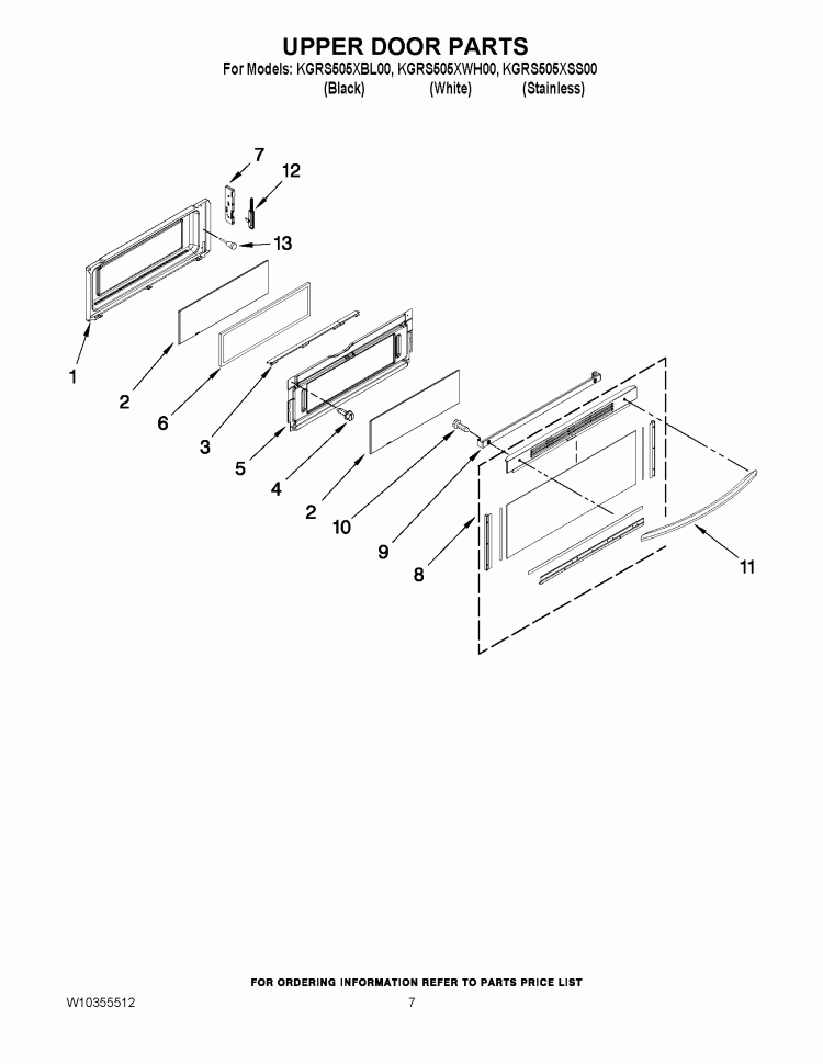 UPPER DOOR PARTS Diagram and Parts List for KGRS505XBL00  KitchenAid Range