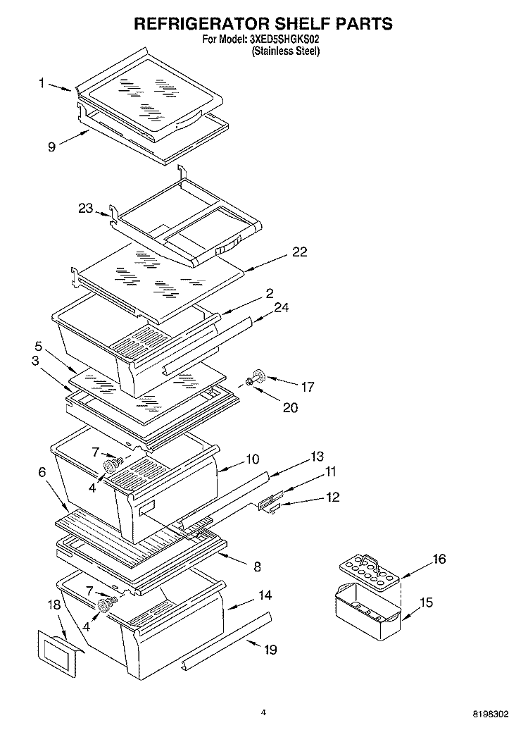 REFRIGERATOR SHELF PARTS Diagram and Parts List for 3XED5SHGKS02  Whirlpool Refrigerator