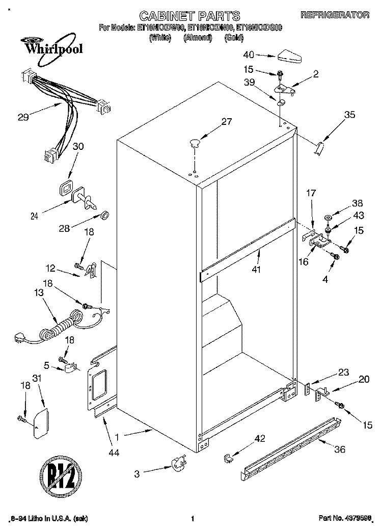 CABINET Diagram and Parts List for ET18NKXDN00  Whirlpool Refrigerator