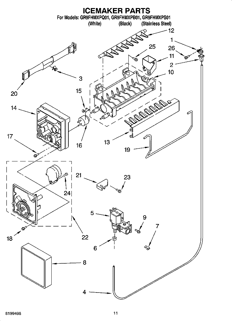 ICEMAKER PARTS Diagram and Parts List for GR9FHMXPB01  Whirlpool Refrigerator