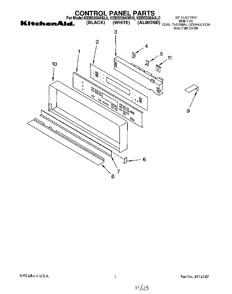 CONTROL PANEL, LITERATURE Diagram and Parts List for KEBS208AWH0  KitchenAid Wall Oven