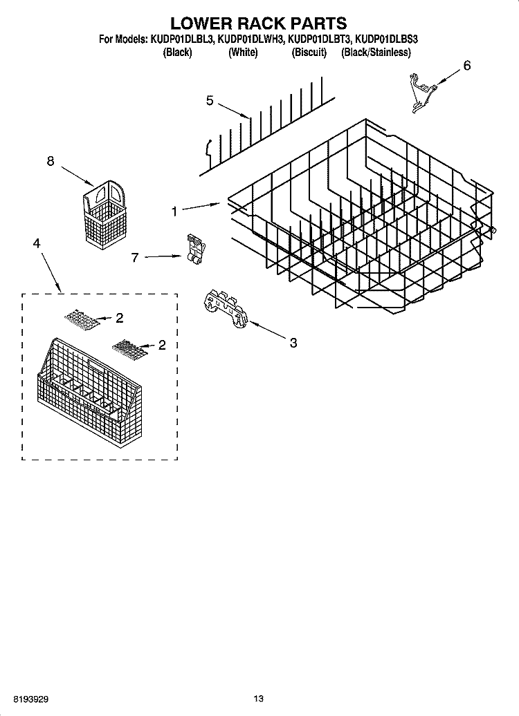 LOWER RACK PARTS Diagram and Parts List for KUDP01DLBL3  KitchenAid Dishwasher