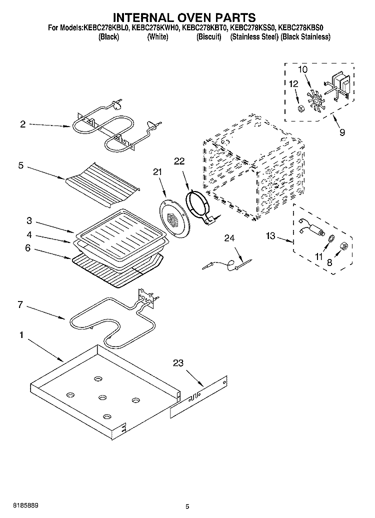 INTERNAL OVEN Diagram and Parts List for KEBC278KBS0  KitchenAid Wall Oven