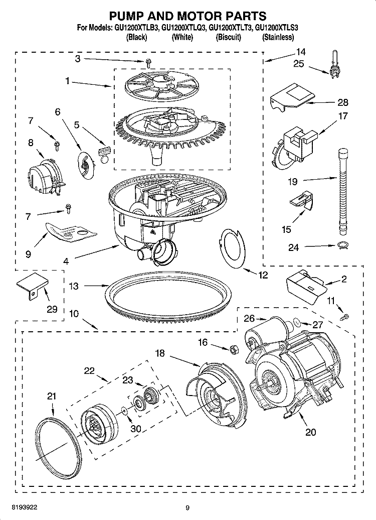PUMP AND MOTOR PARTS Diagram and Parts List for GU1200XTLT3  Whirlpool Dishwasher