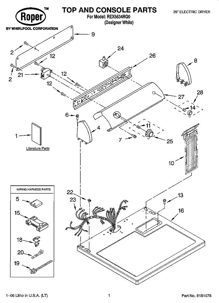 TOP AND CONSOLE PARTS Diagram and Parts List for REX5634RQ0  Roper Dryer