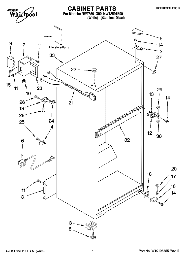 CABINET PARTS Diagram and Parts List for NWT8501Q00  Whirlpool Refrigerator