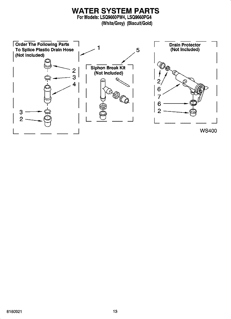 WATER SYSTEM PARTS, OPTIONAL PARTS (NOT INCLUDED) Diagram and Parts List for LSQ9660PG4  Whirlpool Washer