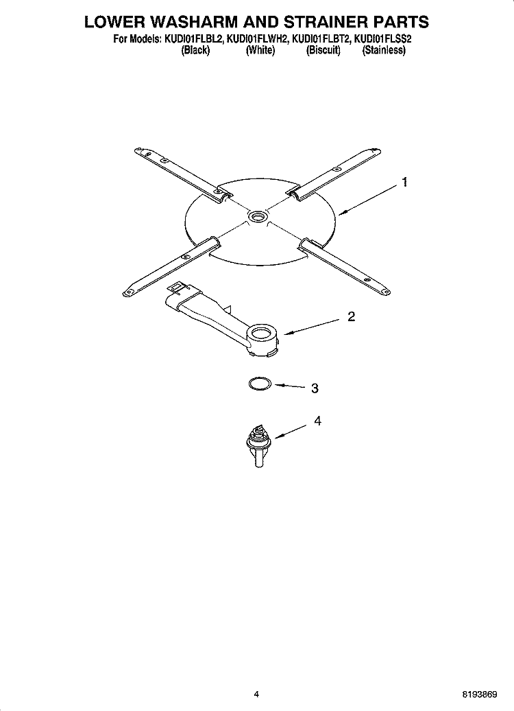 LOWER WASHARM AND STRAINER PARTS Diagram and Parts List for KUDI01FLBT2  KitchenAid Dishwasher