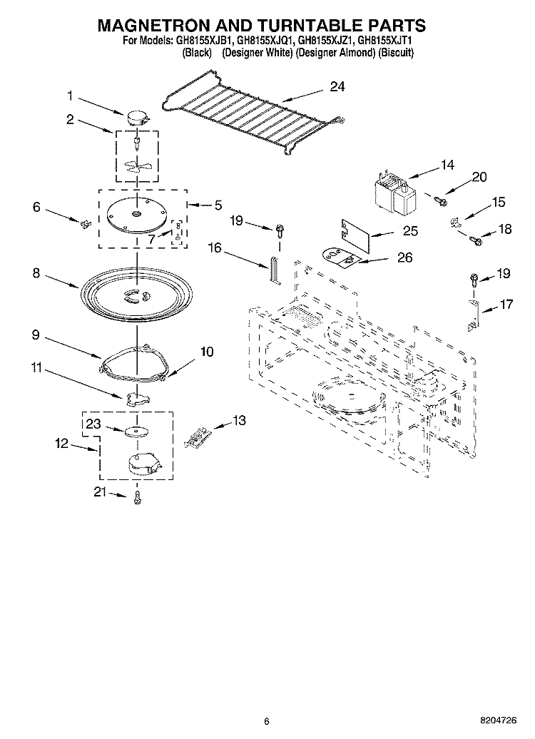 MAGNETRON AND TURNTABLE PARTS Diagram and Parts List for GH8155XJB1  Whirlpool Microwave