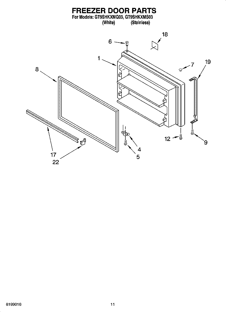 FREEZER DOOR PARTS Diagram and Parts List for GT9SHKXMQ03  Whirlpool Refrigerator