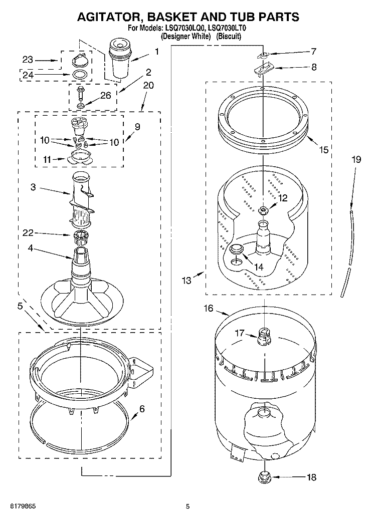 AGITATOR, BASKET AND TUB Diagram and Parts List for LSQ7030LQ0  Whirlpool Washer
