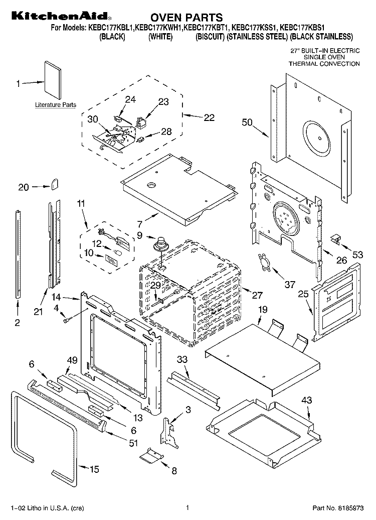 OVEN, LITERATURE Diagram and Parts List for KEBC177KBT1  KitchenAid Wall Oven