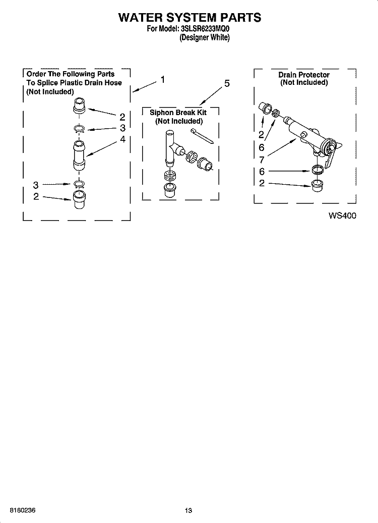 WATER SYSTEM PARTS Diagram and Parts List for 3SLSR6233MQ0  Whirlpool Washer