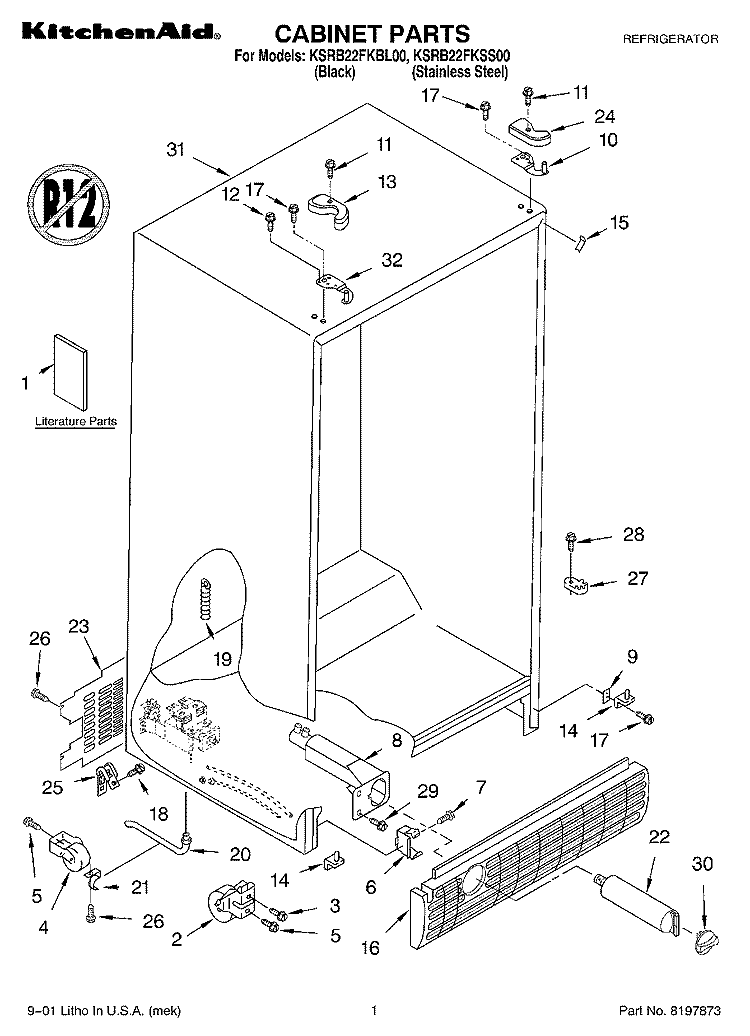 CABINET, LITERATURE Diagram and Parts List for KSRB22FKSS00  KitchenAid Refrigerator