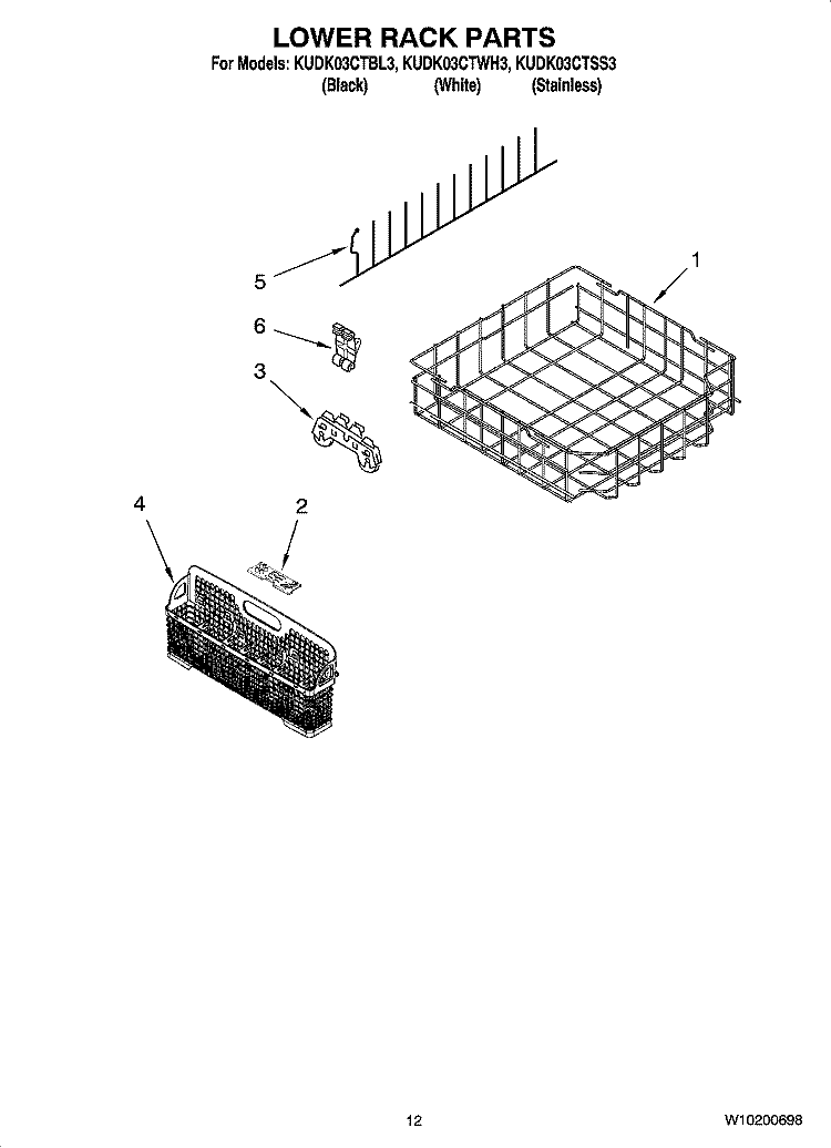 LOWER RACK PARTS Diagram and Parts List for KUDK03CTWH3  KitchenAid Dishwasher
