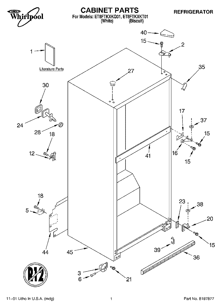 CABINET, LITERATURE Diagram and Parts List for ET8FTKXKT01  Whirlpool Refrigerator