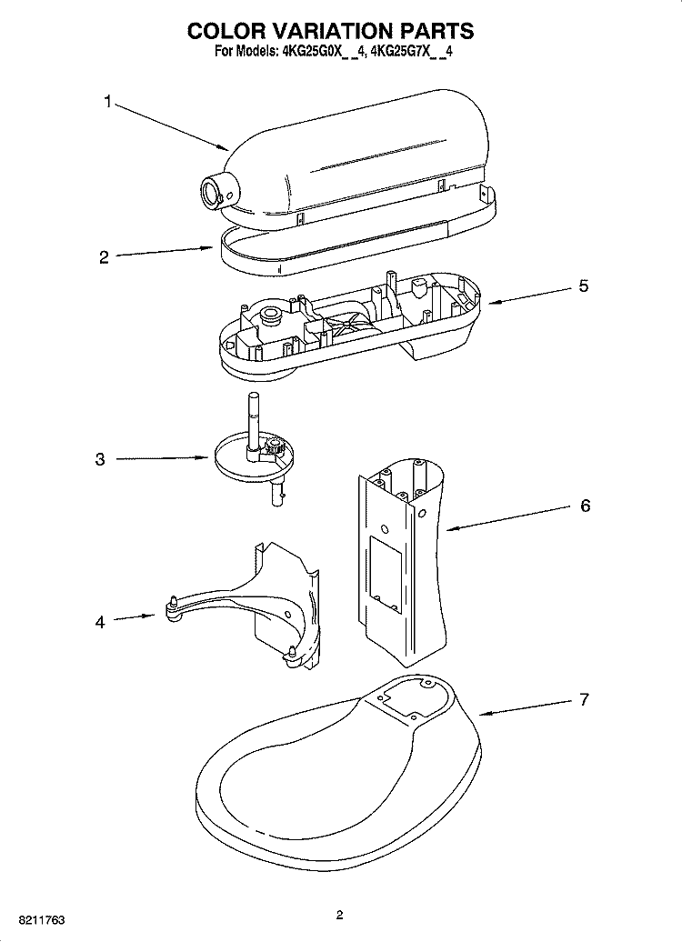COLOR VARIATION PARTS Diagram and Parts List for 4KG25G7XER4  KitchenAid Mixer