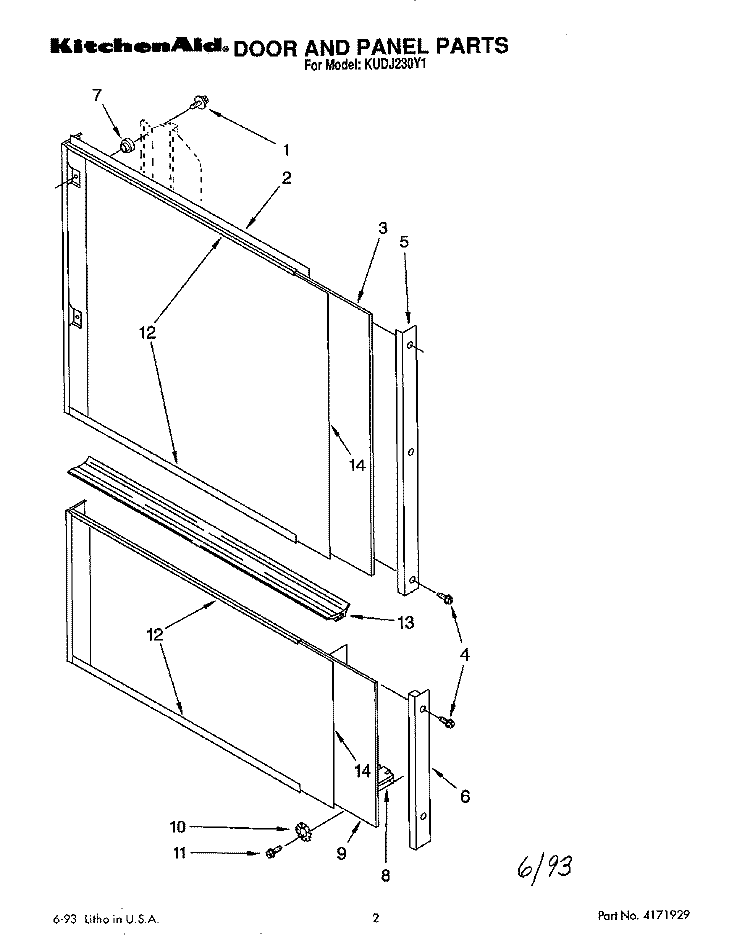 DOOR AND PANEL Diagram and Parts List for KUDJ230Y1  KitchenAid Dishwasher