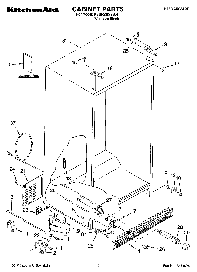 CABINET PARTS Diagram and Parts List for KSBP23INSS01  KitchenAid Refrigerator