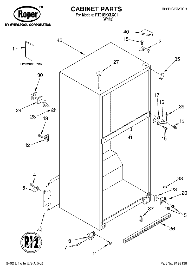 CABINET, LITERATURE Diagram and Parts List for RT21SKXLQ01  Roper Refrigerator