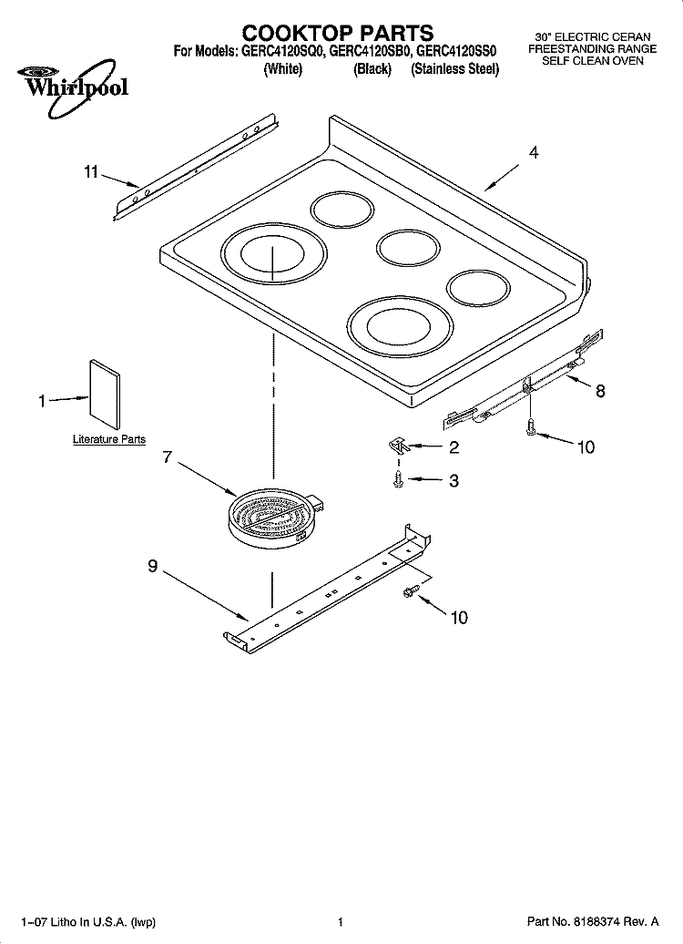 COOKTOP PARTS Diagram and Parts List for GERC4120SB0  Whirlpool Range