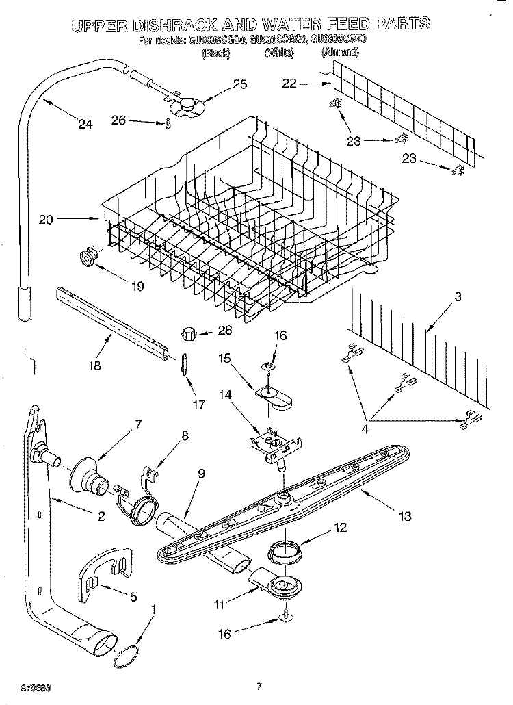 UPPER DISHRACK AND WATER FEED Diagram and Parts List for GU980SCGZ0  Whirlpool Dishwasher