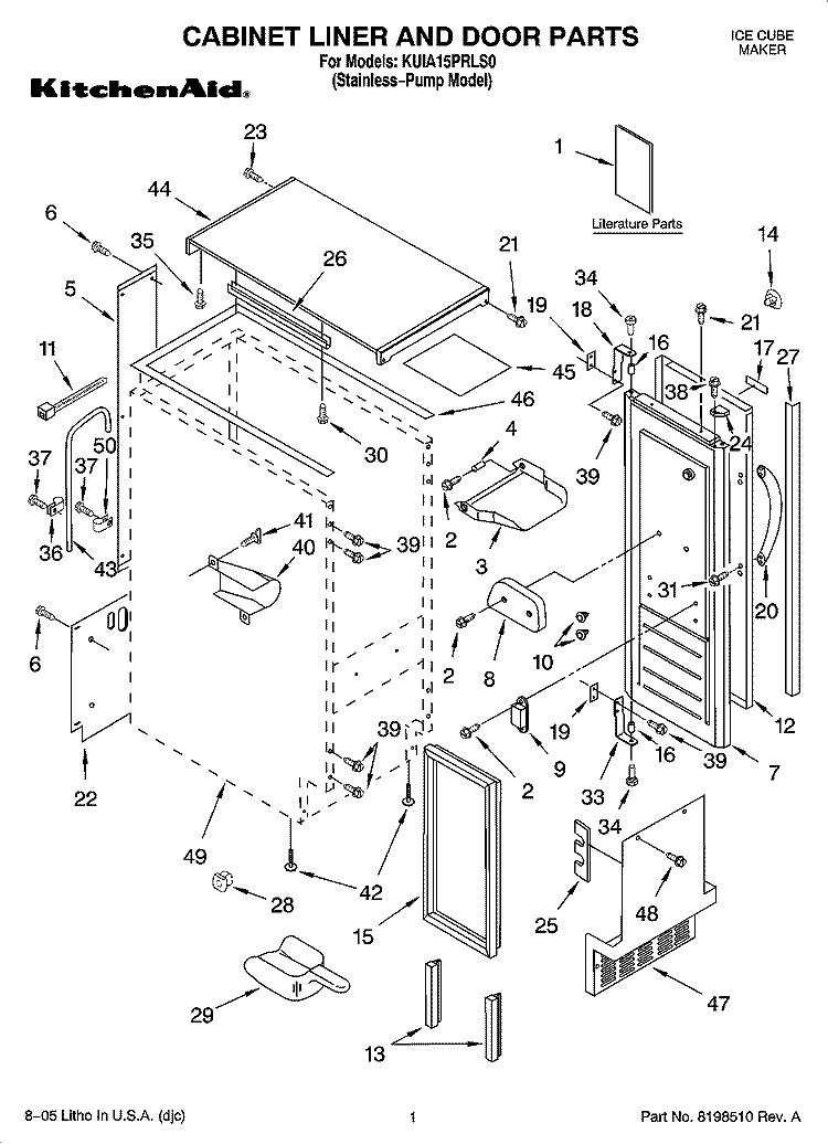 CABINET LINER AND DOOR PARTS Diagram and Parts List for KUIA15PRLS0  KitchenAid Ice Maker