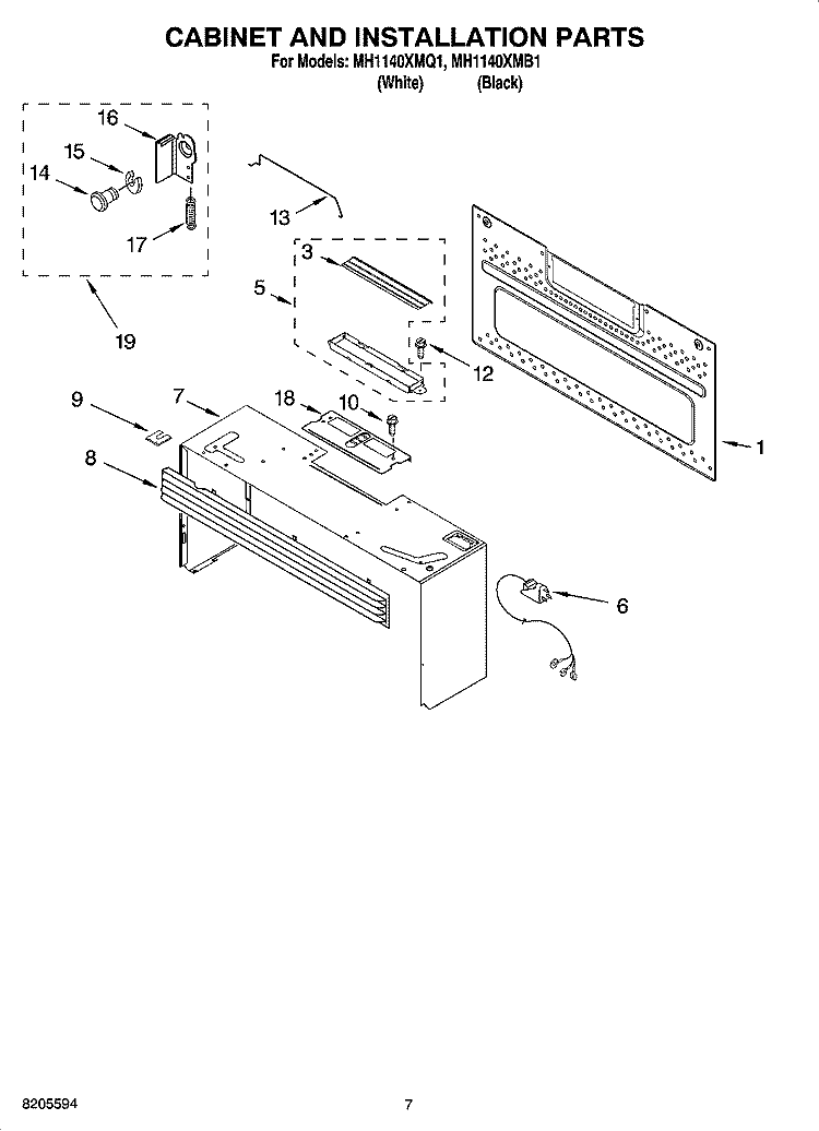 CABINET AND INSTALLATION PARTS Diagram and Parts List for MH1140XMQ1  Whirlpool Microwave