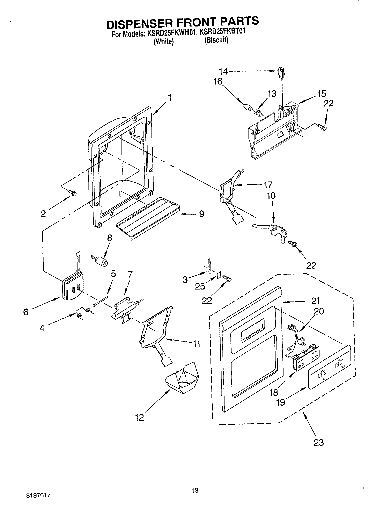 DISPENSER FRONT Diagram and Parts List for KSRD25FKWH01  KitchenAid Refrigerator