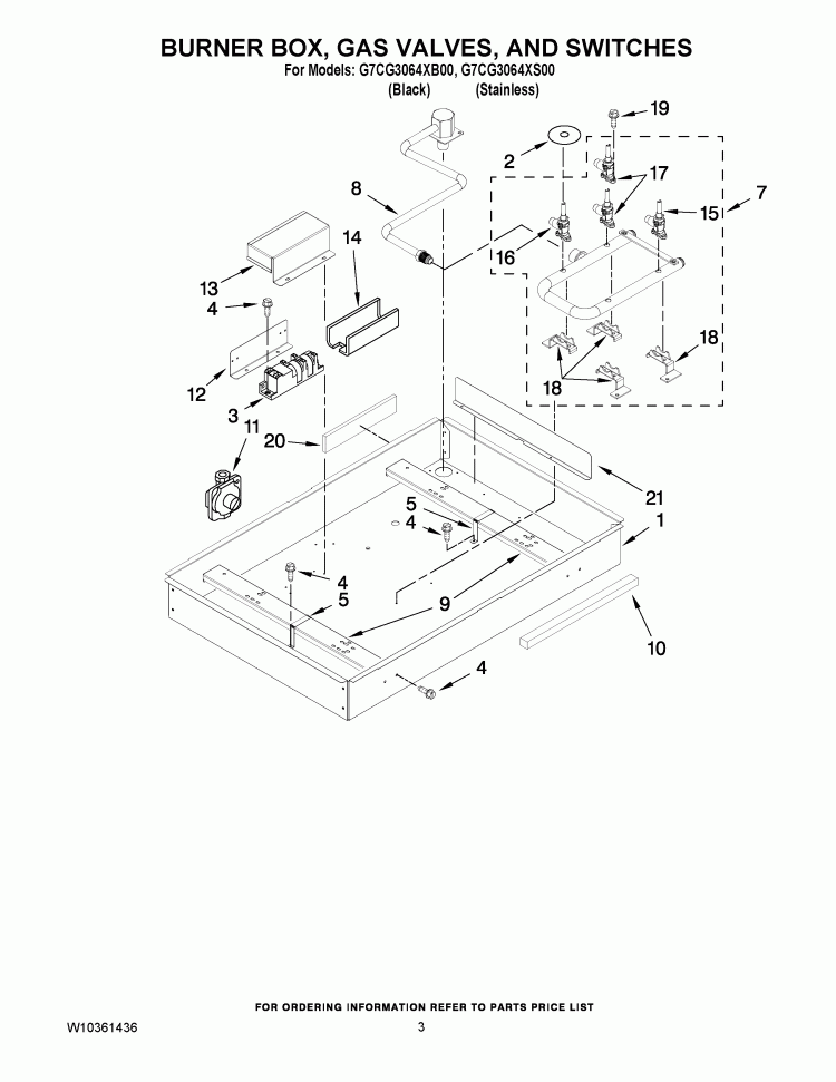 BURNER BOX, GAS VALVES, AND SWITCHES Diagram and Parts List for G7CG3064XS00  Whirlpool Cooktop