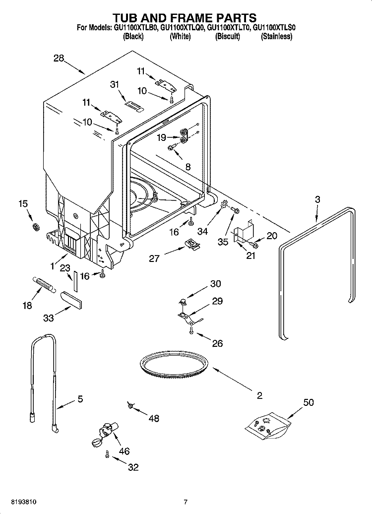 TUB AND FRAME PARTS Diagram and Parts List for GU1100XTLB0  Whirlpool Dishwasher