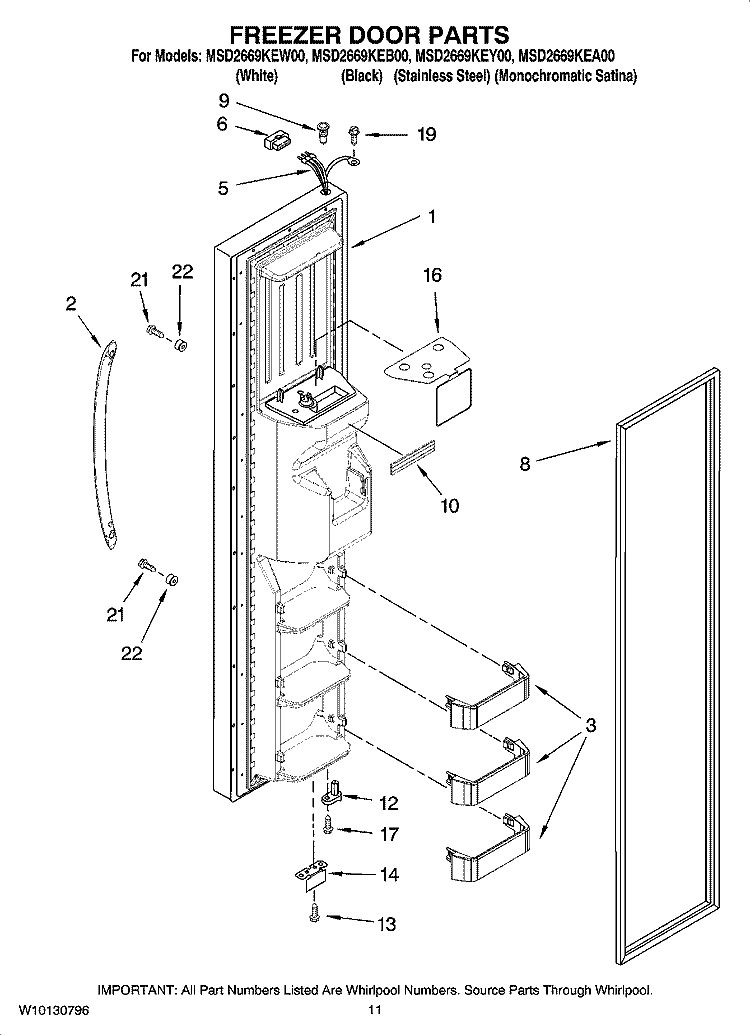 FREEZER DOOR PARTS Diagram and Parts List for MSD2669KEY00  Whirlpool Refrigerator
