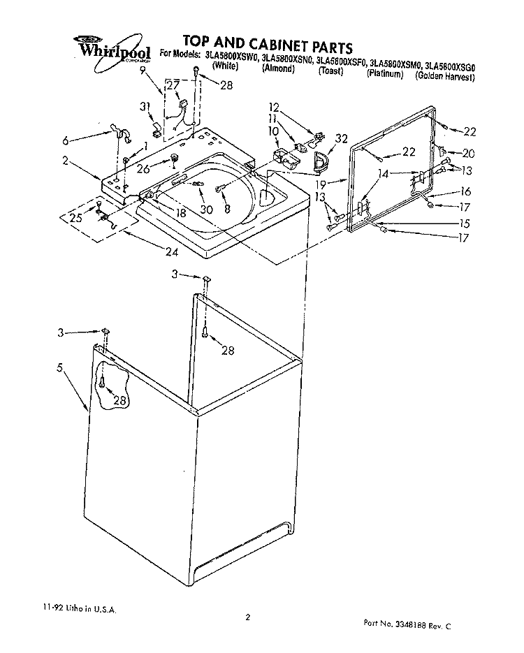 TOP AND CABINET, LIT/OPTIONAL Diagram and Parts List for 3LA5800XSW0  Whirlpool Washer