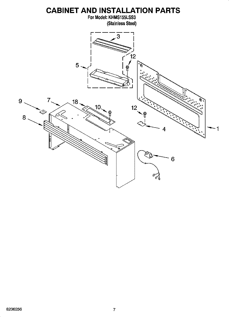 CABINET AND INSTALLATION PARTS Diagram and Parts List for KHMS155LSS3  KitchenAid Microwave