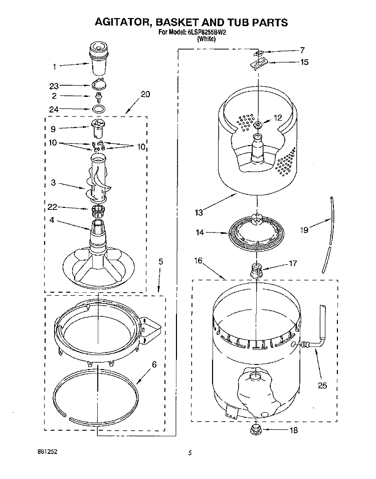 AGITATOR, BASKET AND TUB Diagram and Parts List for 6LSP8255BW2  Whirlpool Washer