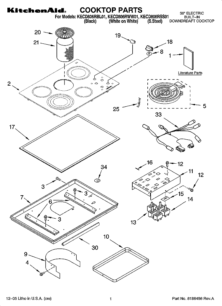 COOKTOP PARTS Diagram and Parts List for KECD806RSS01  KitchenAid Cooktop