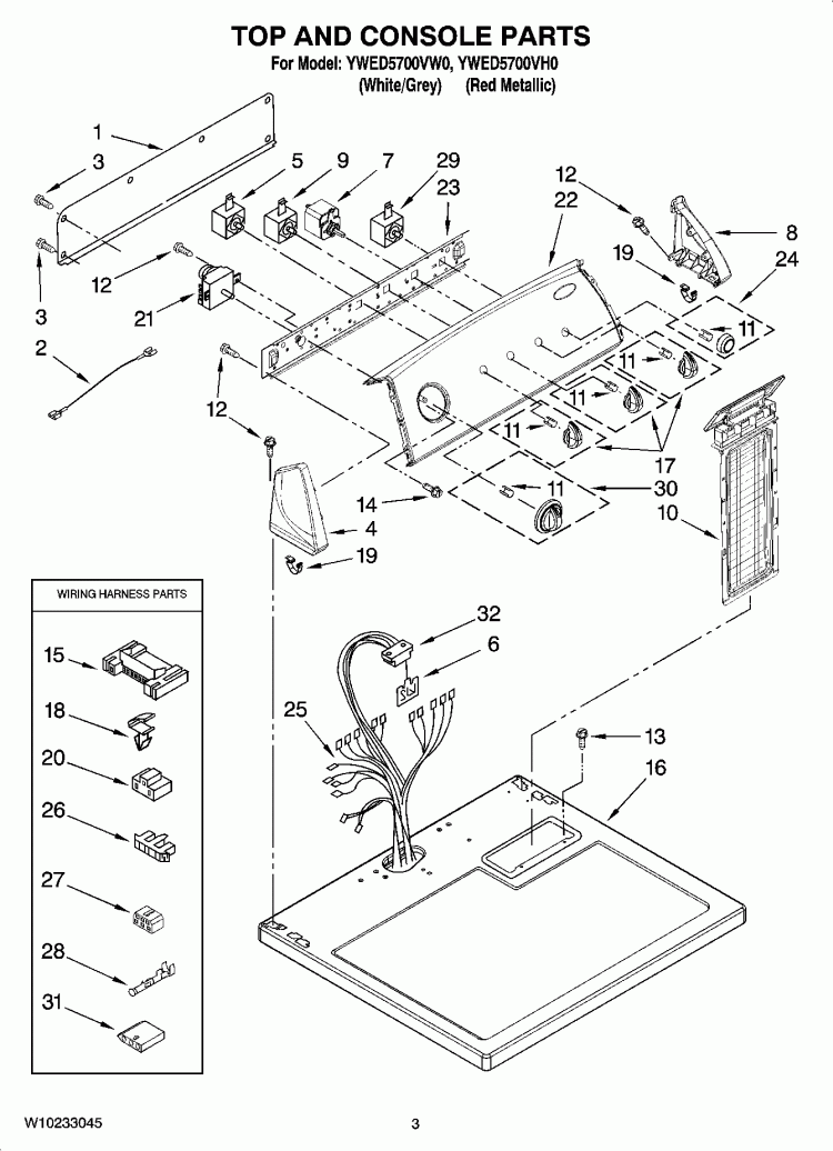 TOP AND CONSOLE PARTS Diagram and Parts List for YWED5700VW0  Whirlpool Dryer