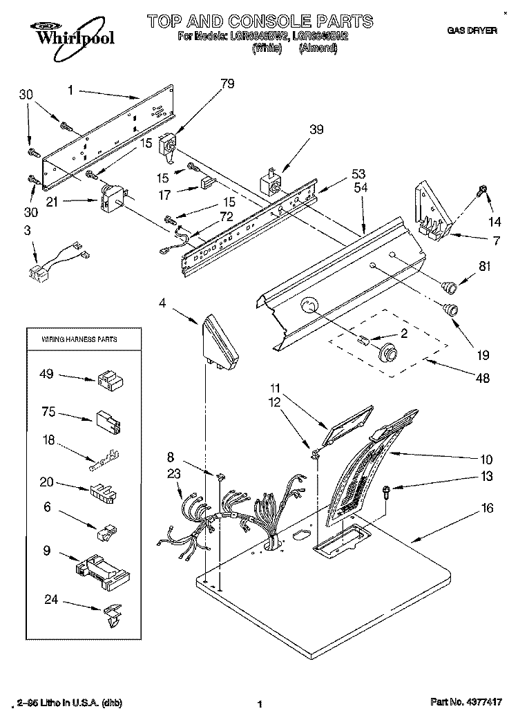 TOP AND CONSOLE, LIT/OPTIONAL Diagram and Parts List for LGR6646BN2  Whirlpool Dryer