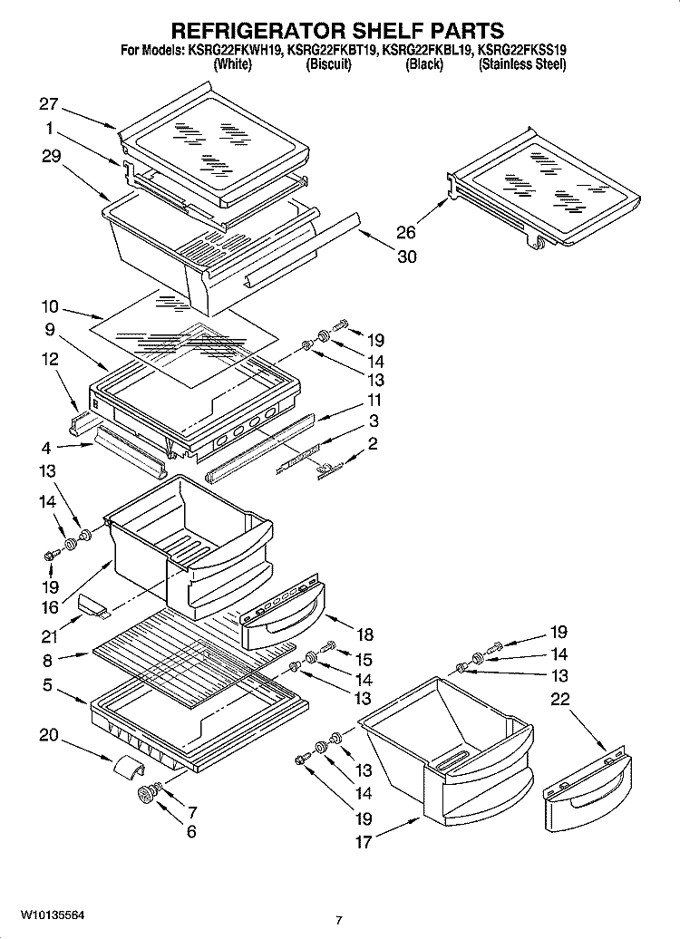 REFRIGERATOR SHELF PARTS Diagram and Parts List for KSRG22FKWH19  KitchenAid Refrigerator