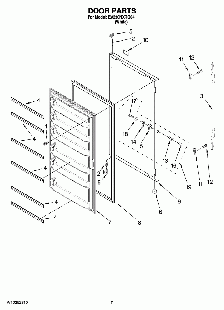 DOOR PARTS, OPTIONAL PARTS (NOT INCLUDED) Diagram and Parts List for EV250NXRQ04  Whirlpool Freezer