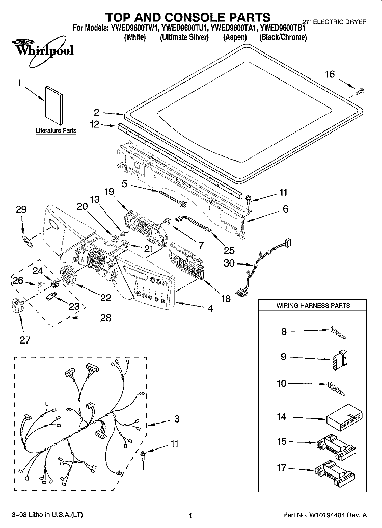 TOP AND CONSOLE PARTS Diagram and Parts List for YWED9600TU1  Whirlpool Dryer