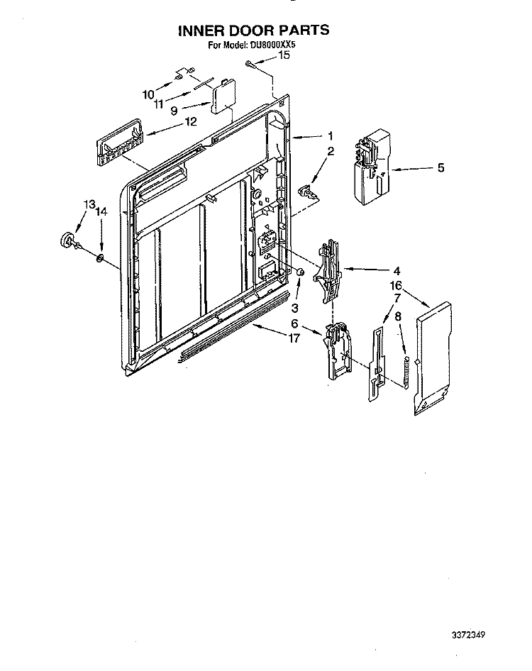 INNER DOOR Diagram and Parts List for DU8000XX5  Whirlpool Dishwasher