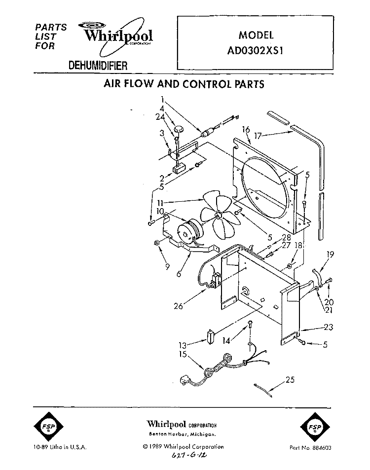 SECTION Diagram and Parts List for AD0302XS1  Whirlpool Dehumidifier