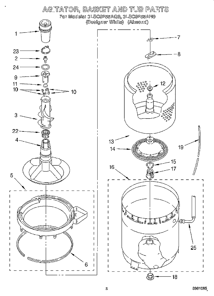 AGITATOR, BASKET AND TUB Diagram and Parts List for 3LSC9255AN0  Whirlpool Washer