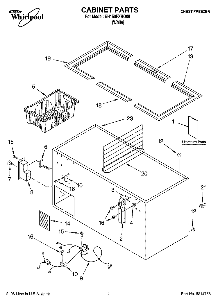 CABINET PARTS Diagram and Parts List for EH150FXRQ00  Whirlpool Freezer